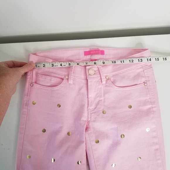 Lilly Pulitzer South Ocean Crop Flare Pink Tropics Polka Dot Denim Jeans Size 2 - Picture 5 of 15